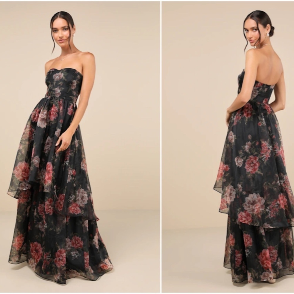 LULU's Floral Romantic Elegant Sexy Flowy Prom Wedding  Strapless Maxi Dress